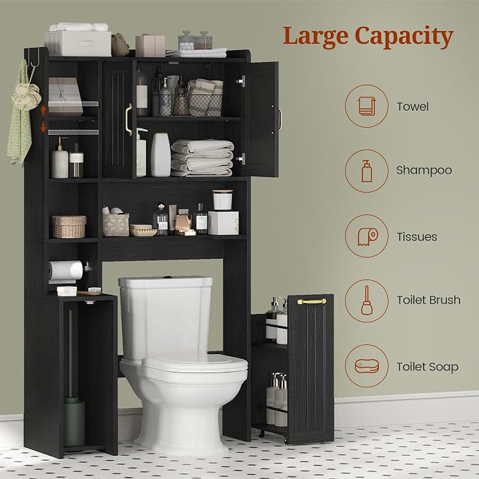 UPOSOJA Over The Toilet Storage Cabinet with Pulley, Bathroom Cabinet, Space Saver W/Adjustable Shelf Rack for Bathroom, Restroom, Laundry (Black-Type A)