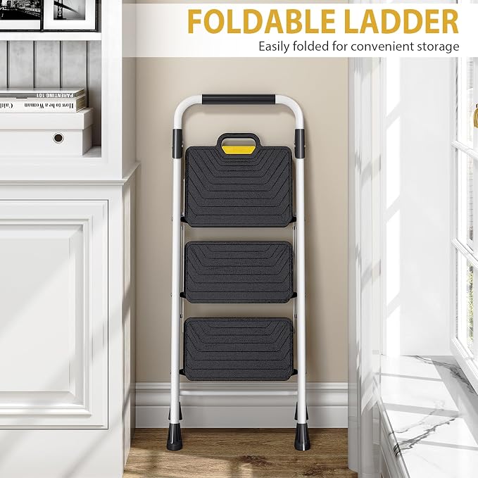 KINGRACK 3 Step Ladder, Folding Step Stool with Comfortable Handrail, Wide Anti-Slip Pedals & Safe-Lock Design, 800lbs Load Capacity, Sturdy Steel Portable Ladder, Perfect for Home and Kitchen, White