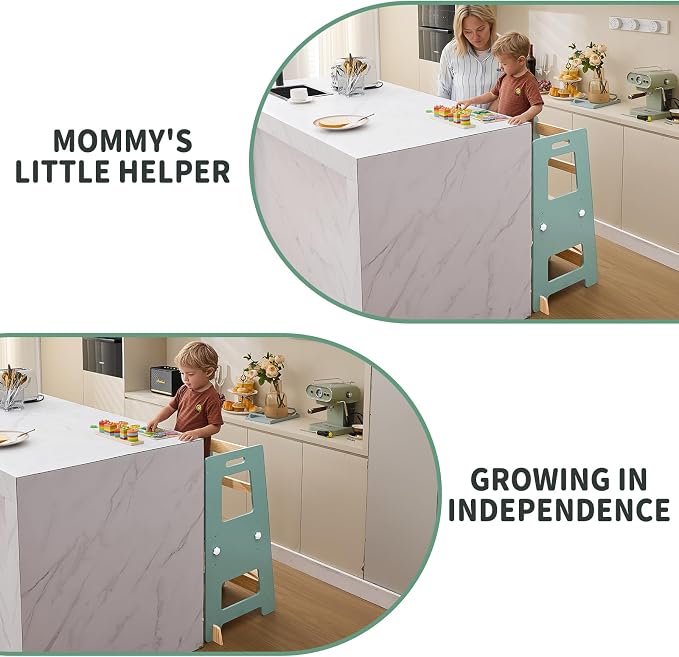 WOOD CITY Kitchen Step Stool - Safe Montessori Standing Tower for Kids with Safety Rail, Height Adjustable Toddler Ideal Helper for Learning New Skills, Anti-Slip Protection for Bathroom - Green…