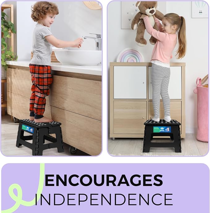 Dyforce 9 Inch Folding Step Stool for Kids and Adults, Collapsible Light-Weight Foot Stools Foldable for Toddler, Kitchen, Bathroom, 300 lb Capacity (Black)