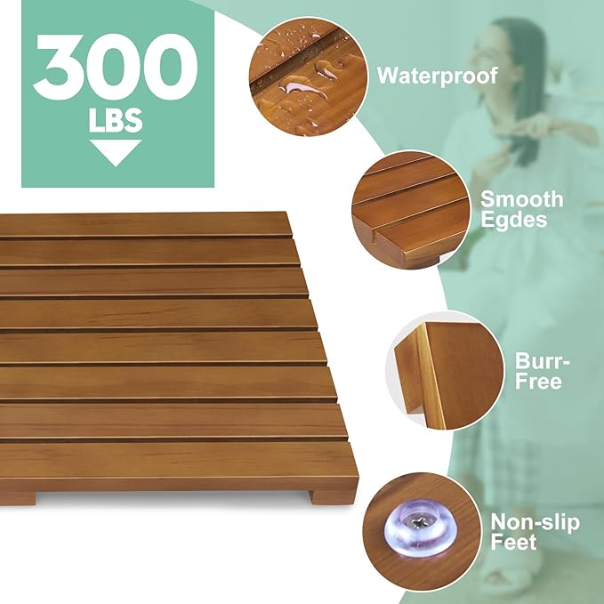 Teak Shower Mat - Foldable Wood Bath Mat, Floor Mat for Bathtub, Door, Spa, Sauna, Pool, Ideal for Indoor Outdoor