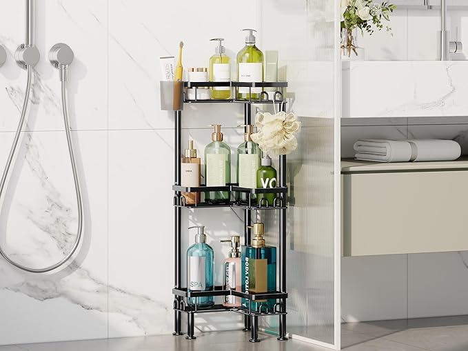 HapiRm Standing Shower Caddy Corner - 3 Tier Corner Shower Organizer with Toothbrush Holder and 12 Hooks, Large Capacity Rustproof Bathroom Shelves for Tall Bottles, Black