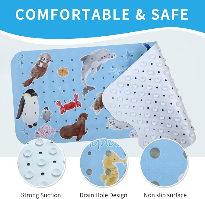 Bath Tub Shower Mat Non Slip Kids Bathtub Mat Anti Slip Baby Bath Mat for Tub 40 x 16 Inch Extra Long Toddler Bath Mat with Suction Cups and Drain Holes for Bathroom Floor,Penguin Seal
