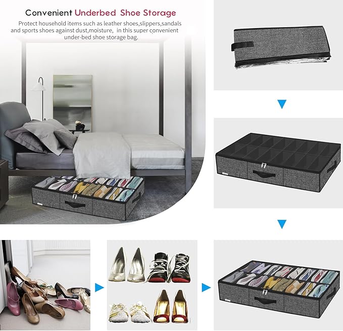 Onlyeasy Sturdy Under Bed Shoe Storage Solution Organizer For Closet Fit 16x2 Pairs, Underbed Shoes Container Bags with Reinforced Handles, Breathable, Linen-like Black, MXAUBS16P2
