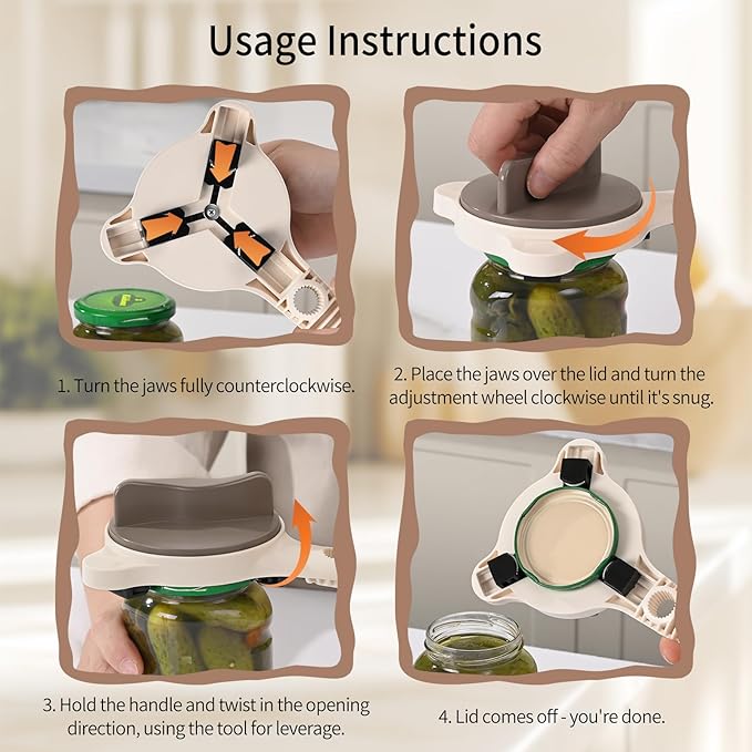 4-in-1 Jar Opener for Seniors & Arthritis Sufferers – Adjustable Stainless Steel Lid Remover & Can Opener for Weak Hands, Fits All Jars and Bottles, Kitchen Must-Have.