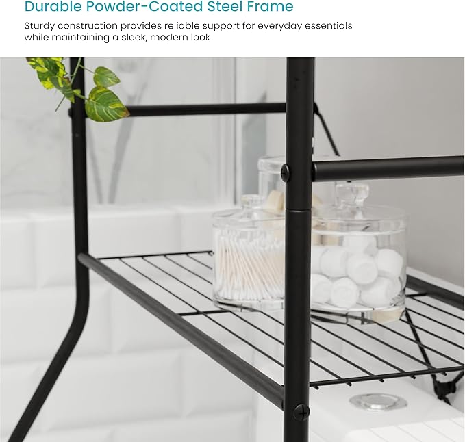 Home Zone Living Over the Toilet Storage Bathroom Organizer 3-Tier Freestanding Steel Frame Shelves with Wide Stabilizing Base and Adjustable Feet, Matte Black
