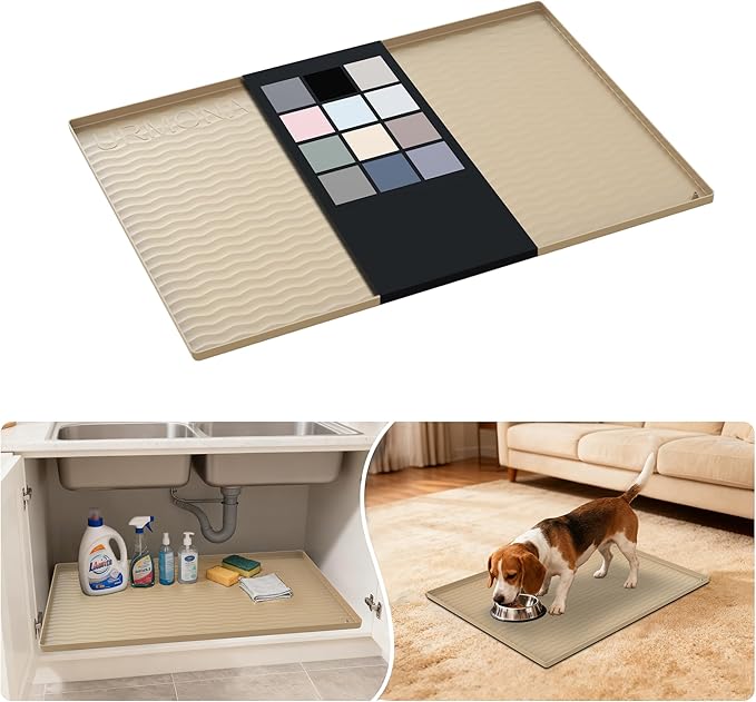 URMONA Waterproof Silicone Under Sink Mat 28'' x 22'' Shelf Liner for Kitchen and Bathroom, Cabinet and Counter Protector, Storage and Organizers, Litter Mat, Pet Cat Puppy Essentials(Khaki)
