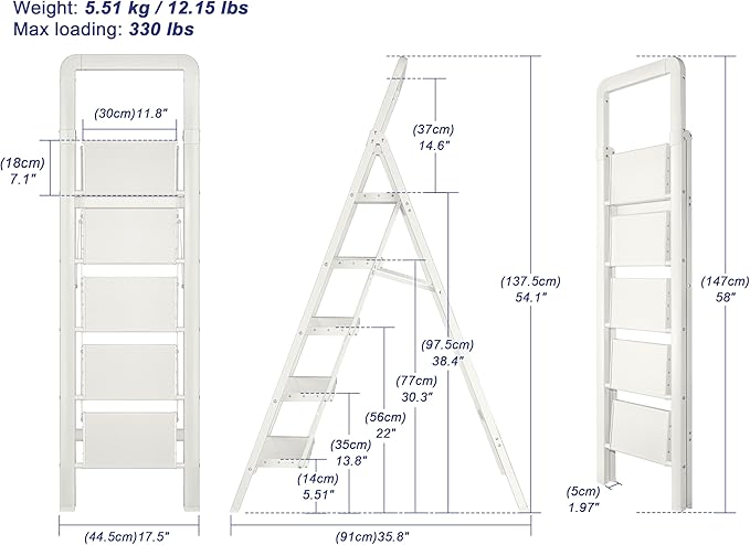 Step Ladder 5-Step White Finish Aluminum Folding Ladders