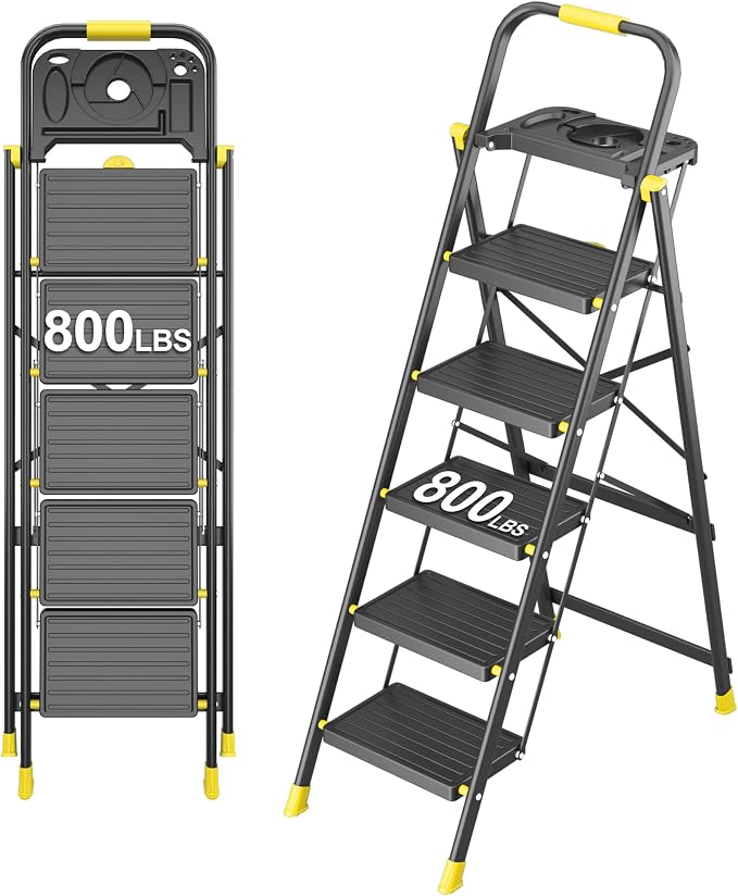 5 Step Foldable Step Ladder with Mutifunctional Tool Tray, Platform Ladders Stepstools, Step Stool 5 Step Folding with Non-Slip Pedals, 800lbs Bearing Capacity for Adults, Home, Kitchen, Black Yellow