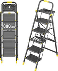 5 Step Foldable Step Ladder with Mutifunctional Tool Tray, Platform Ladders Stepstools, Step Stool 5 Step Folding with Non-Slip Pedals, 800lbs Bearing Capacity for Adults, Home, Kitchen, Black Yellow