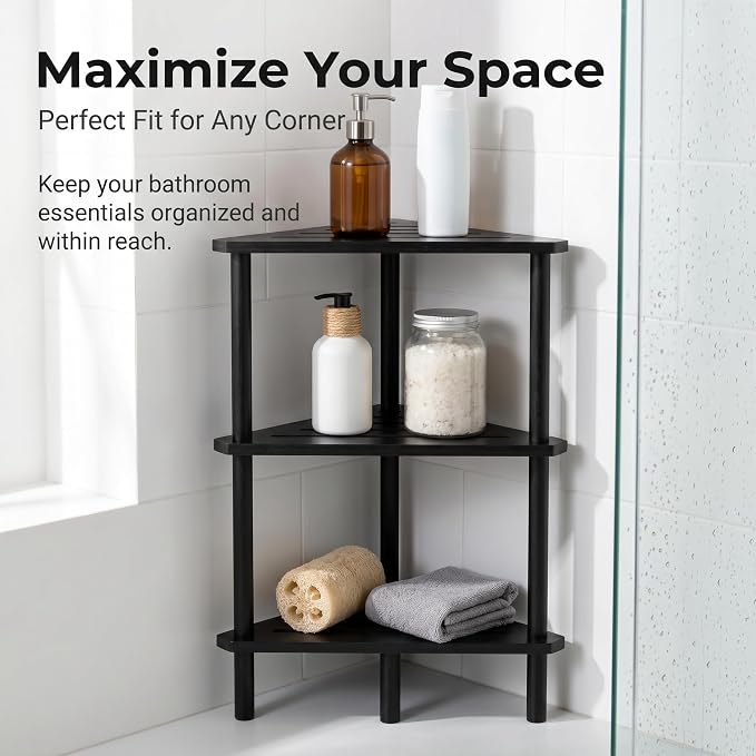 3-Tier Black Free Standing Corner Shower Caddy, Bamboo Wood Bathroom Shower Shelf Table for Inside Shower Organizer & Storage Foot Rest Shower Stool