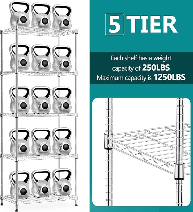 IZEUK 5-Tier Chrome Metal Storage Shelves, Adjustable Wire Shelving Unit for Kitchen, Bathroom, Pantry, Office, Garage, Organizer Wire Rack, 1250 lbs, 13.7" D x 23.6" W x 63" H