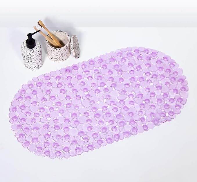 WELTRXE Pebbles Bath Mat Oval Non-Slip Bathtub Mat with Suction Cups, Drain Holes for Bathroom Showers, Tub, Machine Washable, BPA, Latex Free Safe Shower Mats, 27 x 14 Inch, Purple