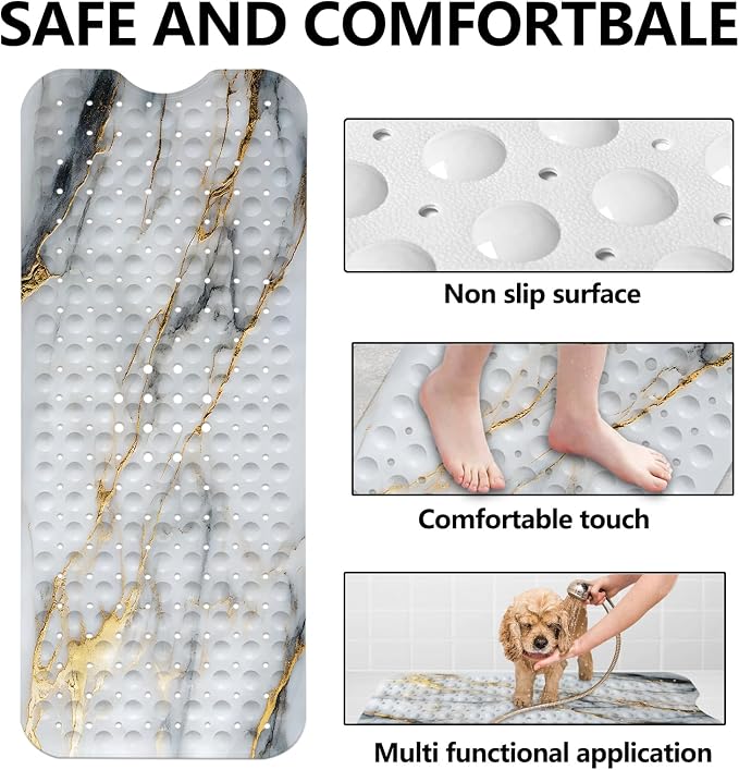 LNOND Marble Bath Tub Mat Non Slip, Extra Long 40 X 16 Inch Anti Slip Mat for Bathtub, White Gold Marble Shower Mat with Drain Holes and Suction Cups, Machine Washable