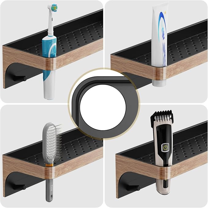 Shower Caddy Adhesive, Shower Shelve for Inside Shower, Bathroom Organizers and Storage for Accessories Holder, Rustproof Bathroom Wall Shower Rack Organize with 5 Hooks, No-drill, Wood