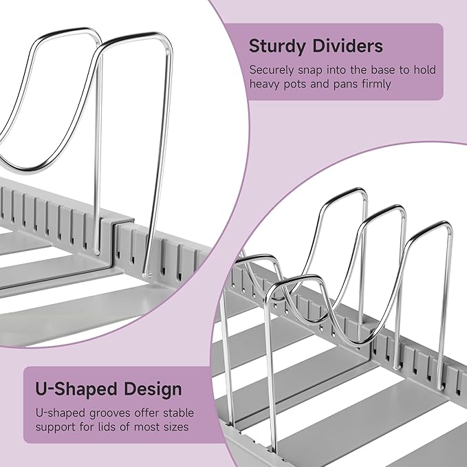 MUDEELA Pot Lid Organizer Rack for Cabinet, Expandable Pots and Pans Organizer under Cabinet with 12 Adjustable Dividers, Pan Organizers Holder inside Cabinet for Cutting Boards, Baking Sheets, Grey