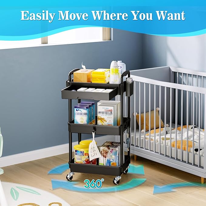 SUNALLY 3 Tier Rolling Cart with Drawer, Bathroom Storage Organizer with 2 Lockable Wheels, Multifunctional Rolling Storage Cart for Bathroom, Kitchen, Office, Craft, Makeup, Baby Essentials, Black