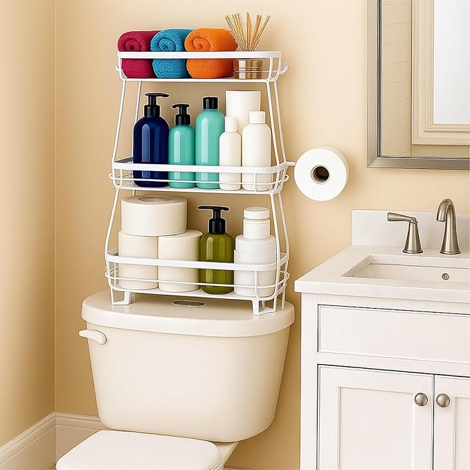 ShellKingdom Over The Toilet Storage Shelf, 3 Tier Toilet Paper Holder Stand Shelves, Punch-Free Bathroom Storage Rack with 2 Hooks, Small Space Organizers for Bathroom, Home, Countertop, White