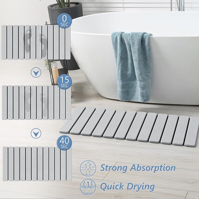 AWW Foldable Stone Bath Mat, Quick Dry Diatomaceous Earth Bath Mat with Non-Slip Mat, Super Absorbent, Easy to Clean, Compact for Small Bathrooms, 31.5 x 15.7, Light Grey
