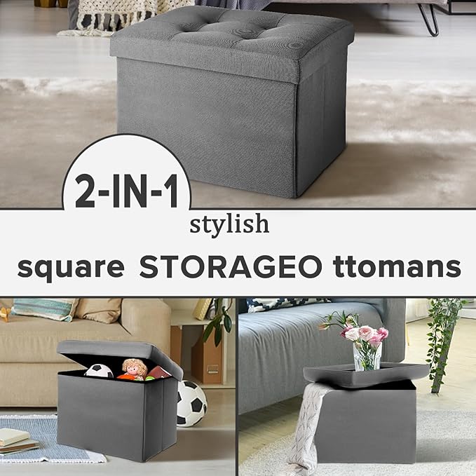 LINMAGCO Small Storage Ottoman Stool Foot Rest Stool Under Desk Stool Short Folding Ottoman Linen Cloth Light Gray 17X13X13IN