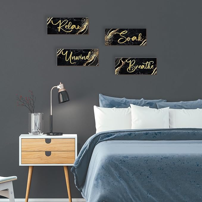ONIZHITY 4 Pcs Black and Gold Bathroom Decor Black Gold Wall Decor Relax Soak Unwind Breathe Wooden Rustic Marble Style Bathroom Accessories for Bedroom Living Room Decor Kitchen(14X5.5)