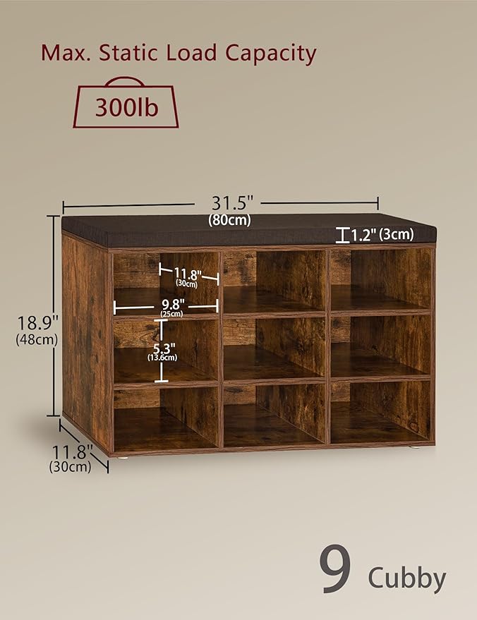 DINZI LVJ Shoe Storage Bench with Cushion, Cubby Rack with 9 Cubbies, Adjustable Shelves, Multifunctional Organizer Bench for Entryway, Mudroom, Hallway, Closet and Garage, Rustic Brown