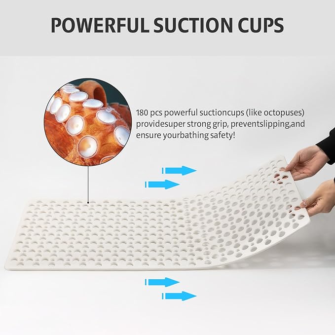 XIYUNTE Shower Mat Non Slip Bath Mat for Tub - 35" x 16" Soft TPE Bathtub Mat Non Slip Shower Mats for Inside Shower, Anti Slip Shower Mat with Suction Cups, Quick-Drying Bath Tub Mat, White