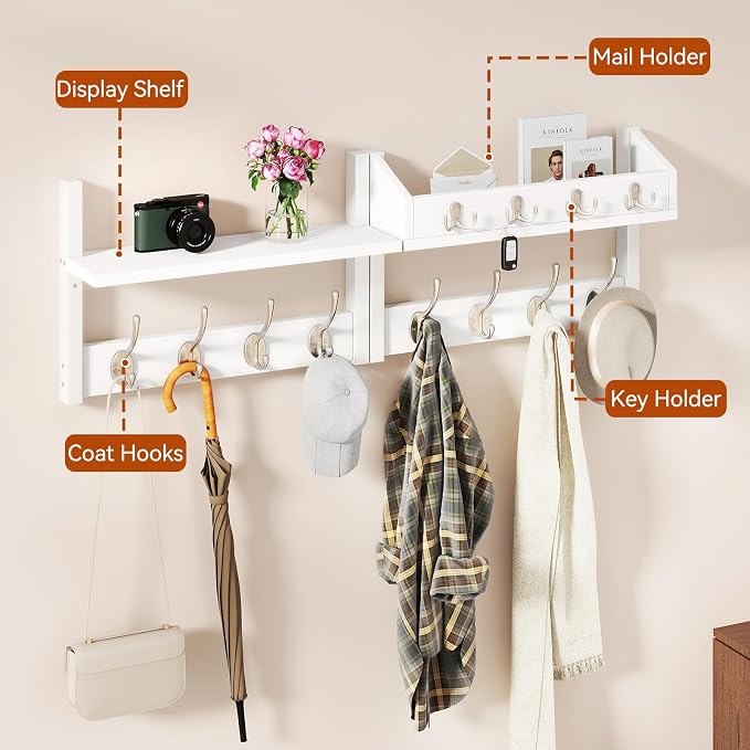 YMYNY 31.5" Coat Rack Wall Mount with Shelf, 4 in 1 Key and Coat Hanger with 12 Metal Hooks, Wall Shelf with Hooks & Mail Holder for Living Room, Bedroom, White, HWS007W-2