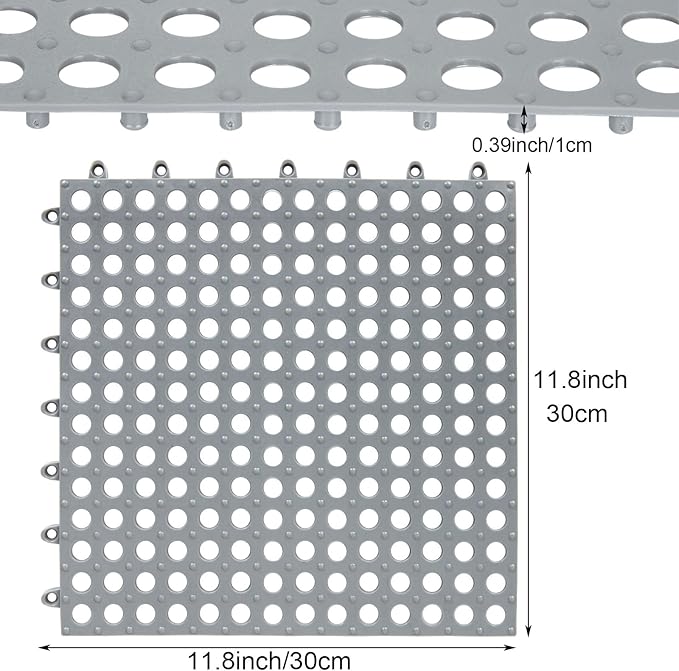 16 Pack 11.8" x 11.8" Interlocking Rubber Floor Tiles Soft PVC Non Slip Shower Floor Mat Pool Bathtub Drain Tiles for Flooring, Drainage Mats for Pool, Deck, Patio, Basement, Kennel, Poultry, Grey