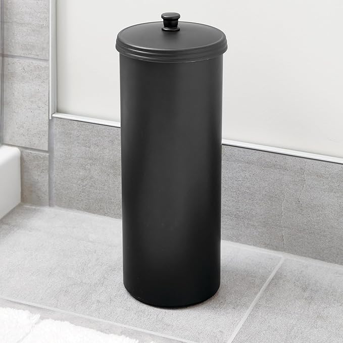 iDesign Freestanding Bathroom Toilet Paper Storage Holder with Lid for 3 Extra Rolls, Matte Black