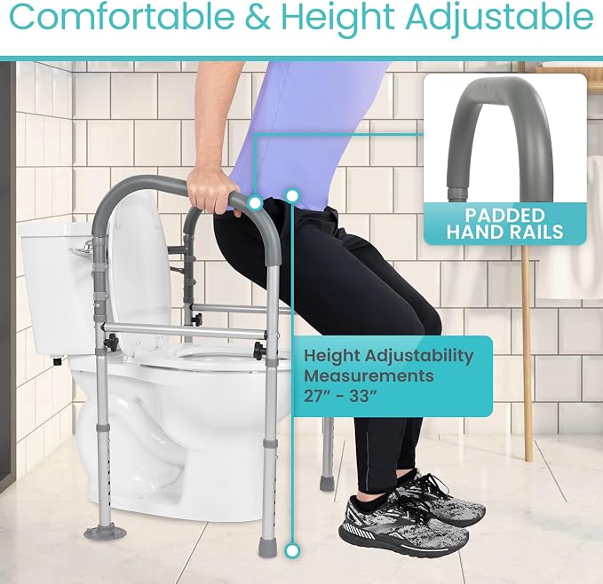 Vive Toilet Safety Rail - Medical Chair for Handicapped & Seniors - Folding Bathroom Frame w/Handles, Arms for Elderly, Disabled - Standalone Grab Bar - Seat Assistance Support Stand Up Assist