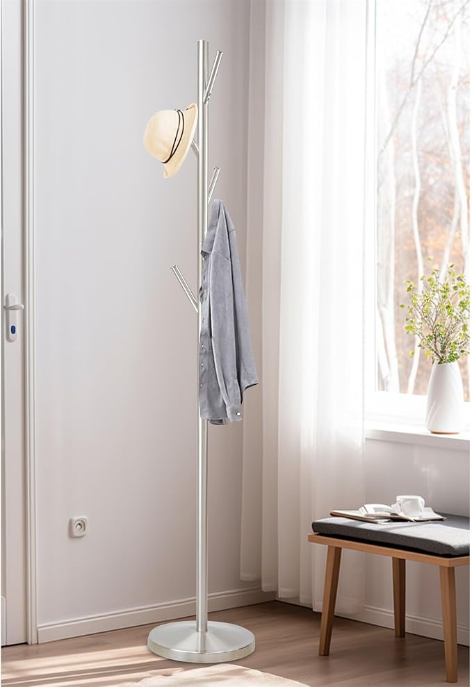 Kira Home Addison 68" Modern Standing Coat Rack with 6 Hanging Hooks, Sleek Metal Silver Coat Stand with Weighted Base, Satin Steel Finish