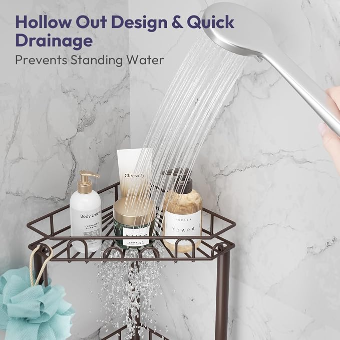 SWTYMIKI Standing Shower Caddy Corner - 3‑Tier Stainless Steel Shower Organizer Shelf with 12 Hooks and Adhesive Pads, Rustproof Corner Shelves Stand Rack for Bathroom Shower Room, Bronze