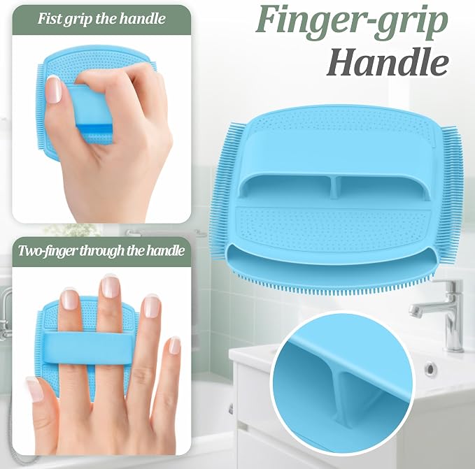 Silicone Back & Face Scrubber & Bath Glove Set 3PCS, 13.4'' Gentle Back Scrubber with Dual-Side Head, 360° Anti-Slip Bath Glove, Unique Side-bristled Face Scrubber for All-Round Cleaning(Blue)