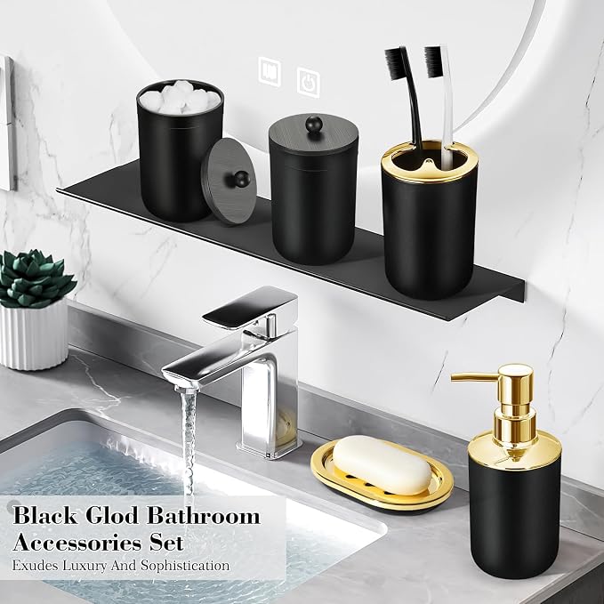 Bathroom Set, 20Pcs Bathroom Shower Curtain Sets with Hooks, Black Bathroom Accessories Set with Trash Can, Bathroom Accessories Sets Complete with Shower Curtain Set, Bathroom Accessory Set