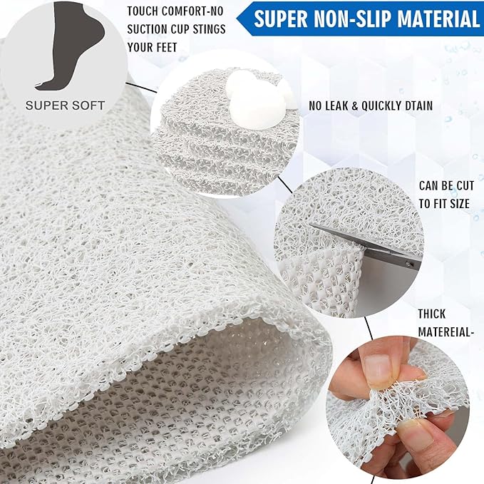 godehone Shower Mats Non Slip Without Suction Cups, PVC Loofah Bathroom Mats, Loofah Mats for Shower and Bathroom, Quick Drying, 15.7× 36 Inch, White