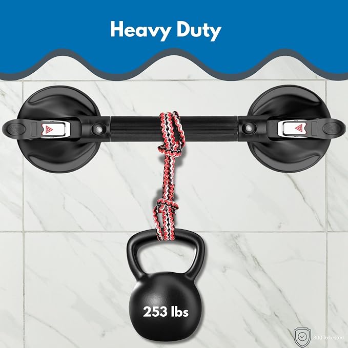 Heavy Duty Grab Bar with Large Suction Cups for Shower and Bathtub, Easy Tools-Free Installation & Removal, Safety with Compression Loss Warning, Useable on Diffrent Surfaces (Black, 19 Inches)