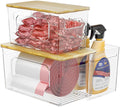 Trash Bag Holder 3-in-1 Under Sink Organizer, Acrylic Trash Bag Dispenser with Bamboo Lid and Pull-Out Basket for Cleaning Supplies, Space Saving Garbage Bag Holder for Kitchen Laundry Room Storage