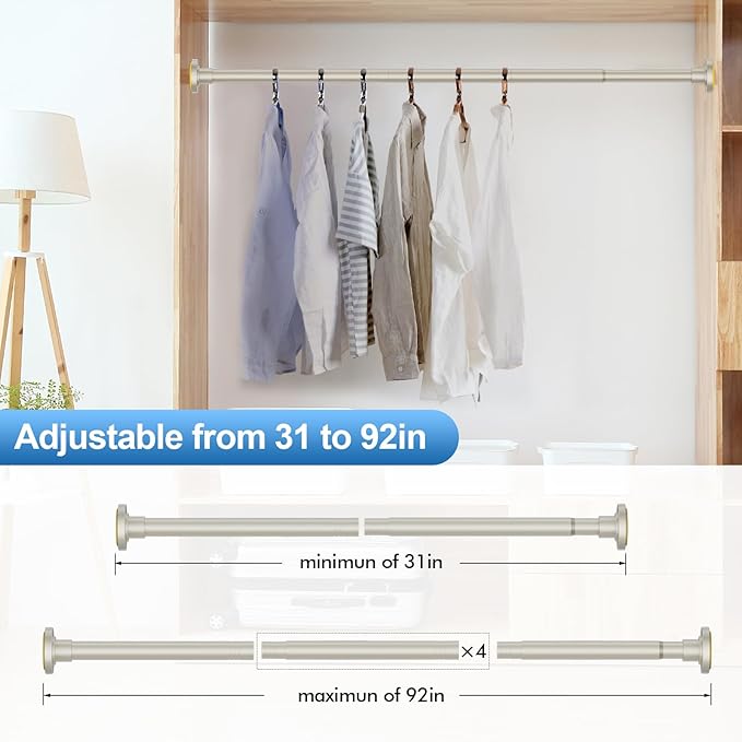 CorkLatta Brushed Nickel Shower Curtain Rod 31 to 92 Inch,1 Inch Diameter Adjustable Spring Tension Stainless Steel Telescoping Rod,Easy Install,No Rust