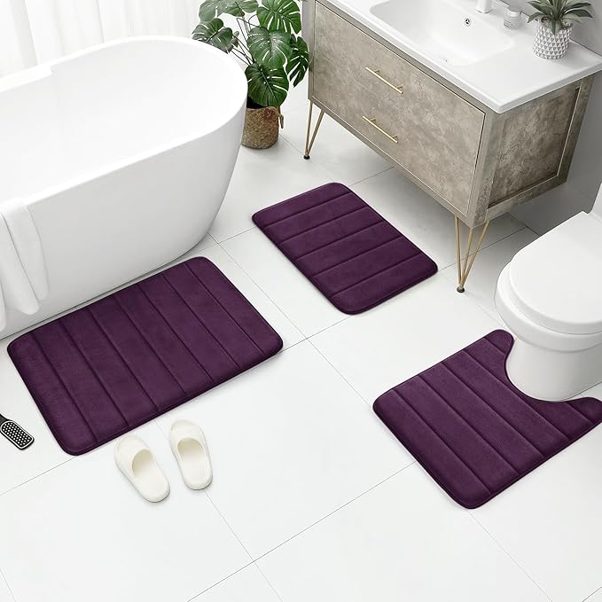 BYSURE Purple Memory Foam Bathroom Rug Set 3 Piece, Non Slip Extra Soft Absorbent Machine Washable Toilet Bath Toilet Mat (17"x24"+20"x32"+U Shape 20"x24")