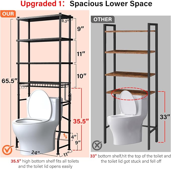 4-Tier Over-The-Toilet Storage Rack, Bathroom Organizer Shelf Over Toilet With Shelf Waterproof Feet Pad And Basket, Multifunctional Space Saver Bathroom Shelves Above Toilet for Room (Black)