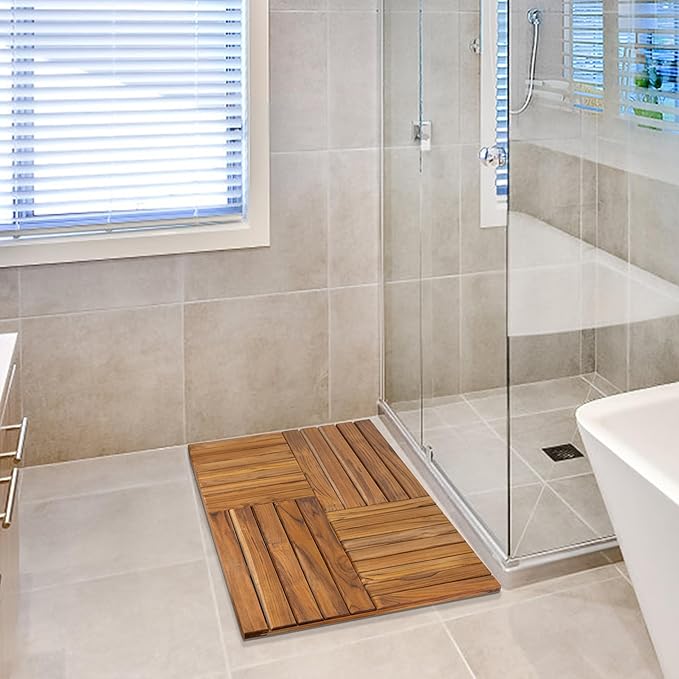 Utoplike Teak Wood Bath Mat, Extra Large Shower Mat for Bathroom, 40 x 20 inch Non Slip Wooden Floor Sturdy Mat for Inside Shower Luxury Spa Home or Outdoor