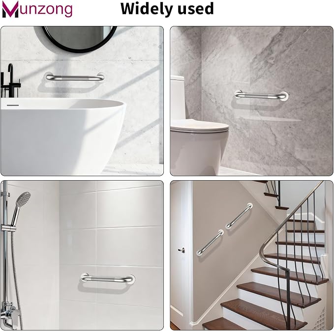 12 Inch Anti Slip Shower Safety Bars,Munzong Bathroom Grab Bars for Bathtubs and Showers,Brushed Nickel Knurled Handicap Balance Bar,Safety Hand Rail Support Elderly Senior Bath Handle