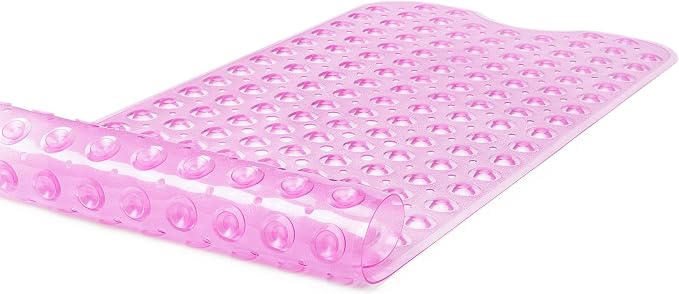 Extra-Long Non-Slip Bathtub & Shower Mat 39”x16” (Smooth/Non-Textured Tubs Only) Safe, Clean, Machine-Washable, Superior Grip&Drainage, Vinyl, Transparent Pink