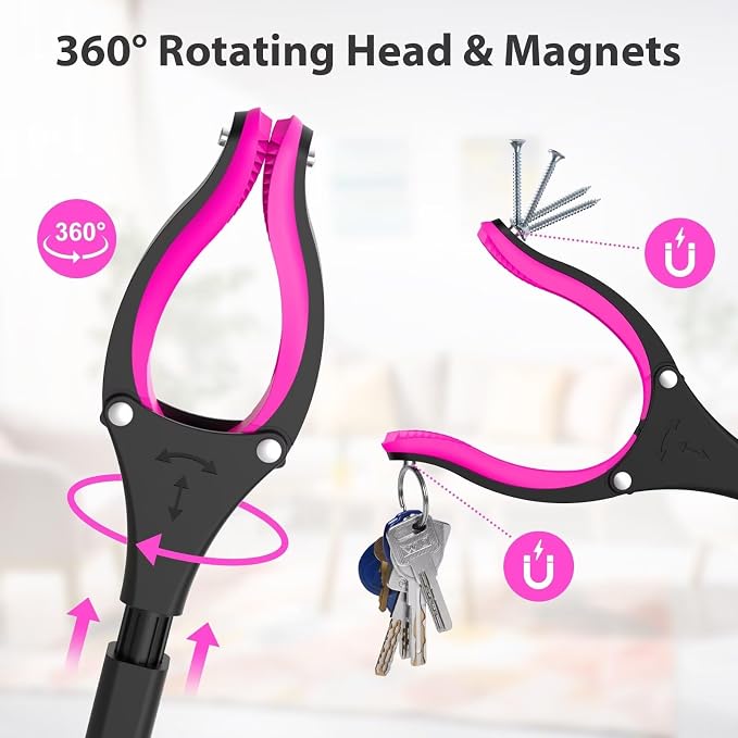 43" Grabber Reacher Tool, Foldable Reacher Grabber Pickup Tool with 360° Rotating Jaw & Two Magnets, Extra Long Trash Picker Upper Grabber, Extension Grabbers for Seniors, Pink