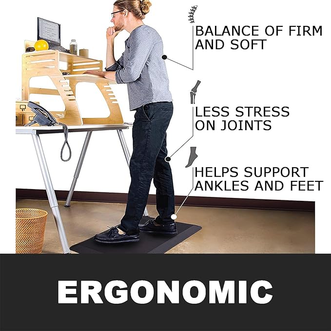 1" Extra Thick Anti Fatigue Kitchen Floor Mat Comfort Standing Mat 30'' x 20'', Office Standing Desk Mat, Kitchen Rug, Massage Points Comfort Mat, 140D PU Foam (Black)