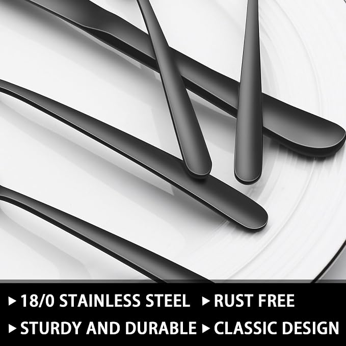 49-Piece Black Silverware Set with Organizer, Heavy Duty Stainless Steel Flatware for 8, Cutlery Utensil Sets with Steak Knives, Rust-proof, Mirror Polished, Dishwasher Safe, Black Heavy Duty