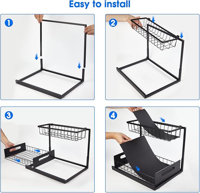 Under Sink Organizer, 2 Tier Pull-Out Cabinet Storage Shelf, Rust-Resistant Metal Organizer for Kitchen Bathroom Laundry Room, No Tools Installation, 1 Pack Black
