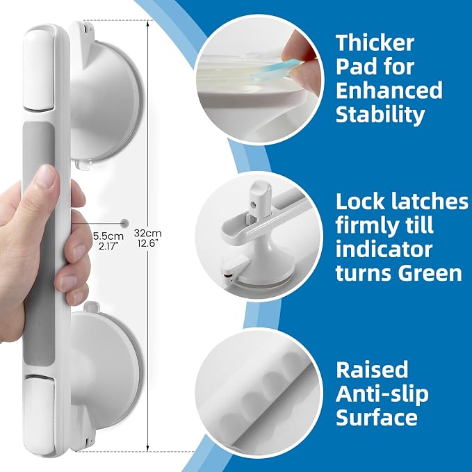 Grab Bar for Bathtubs and Showers, Zynuhmo 12 Inch Suction Cup Safety Grab Bar with 1PCS Bath Ball No Drilling Suction Shower Handrails for Seniors Elderly Kids Bathroom Assist Support(1Pack, Gray)