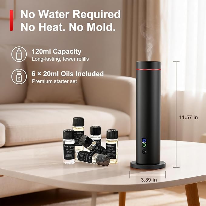Maromalife Waterless Diffuser, Essential Oil Diffuser, 1000 Sq.Ft Coverage Scent Diffuser – Plug-in Only, Adjustable Mist, Remote, Mood Lights for Home & Office, Large Room, Hotel, Black